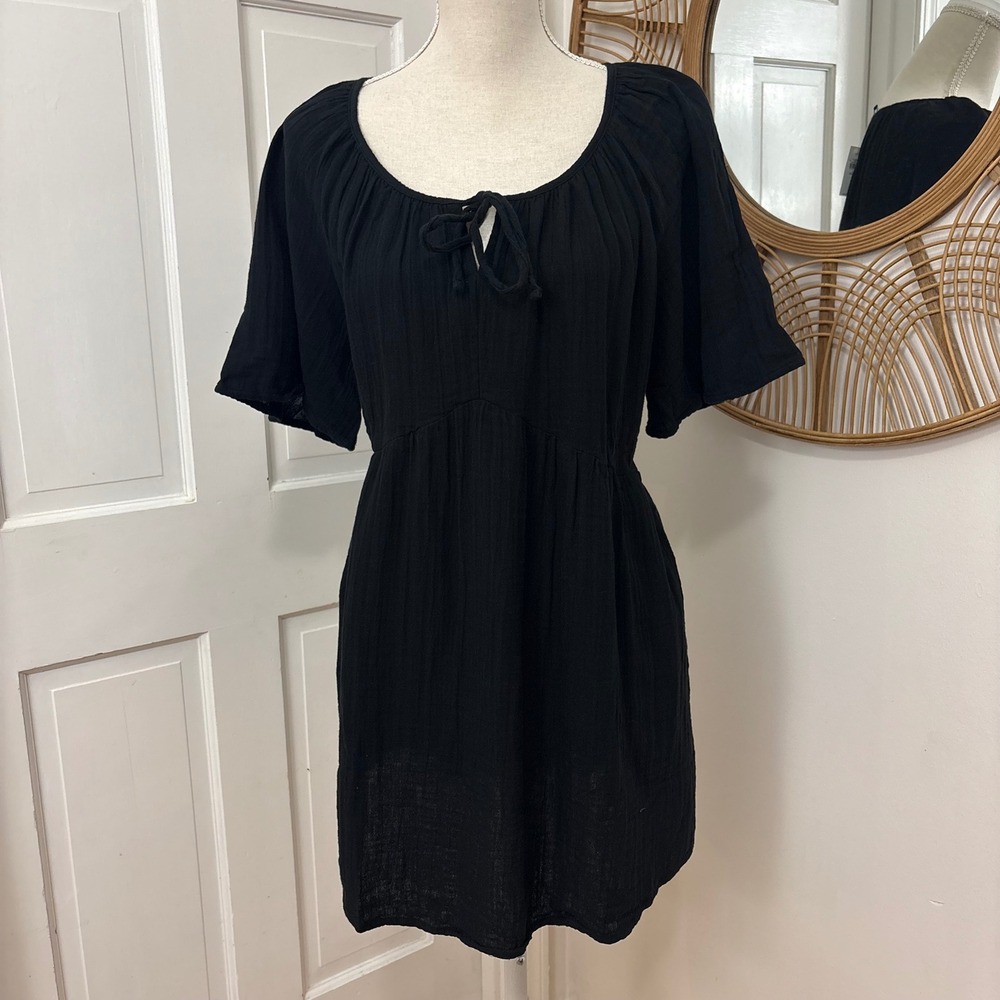 Old Navy Black Cotton Gauze Dress LP Boho Babydoll Tiered Cottagecore LBD NWT